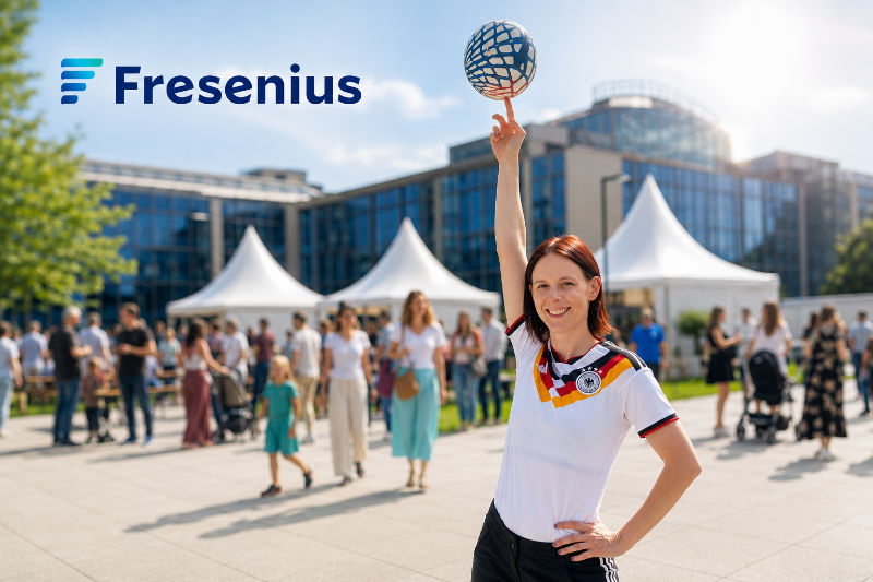Walking Act und Show-Performance der Fußballartisten beim 3. Summer Campus Festival von Fresenius mit Unterhaltung für Familien, Kinder und Mitarbeiter.